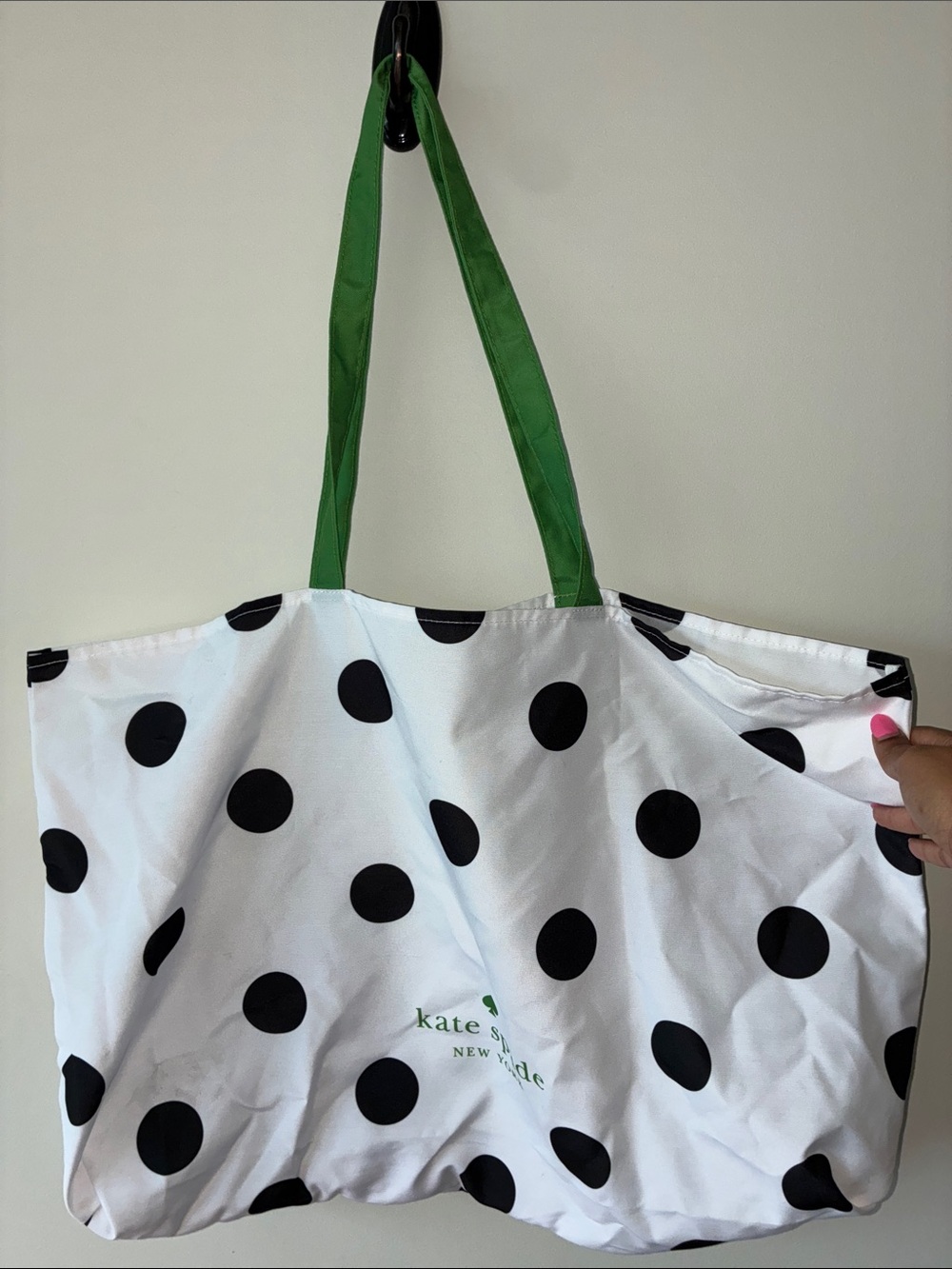 kate spade White and Black Polka Dot Tote with Green Handles WITH FLAWS